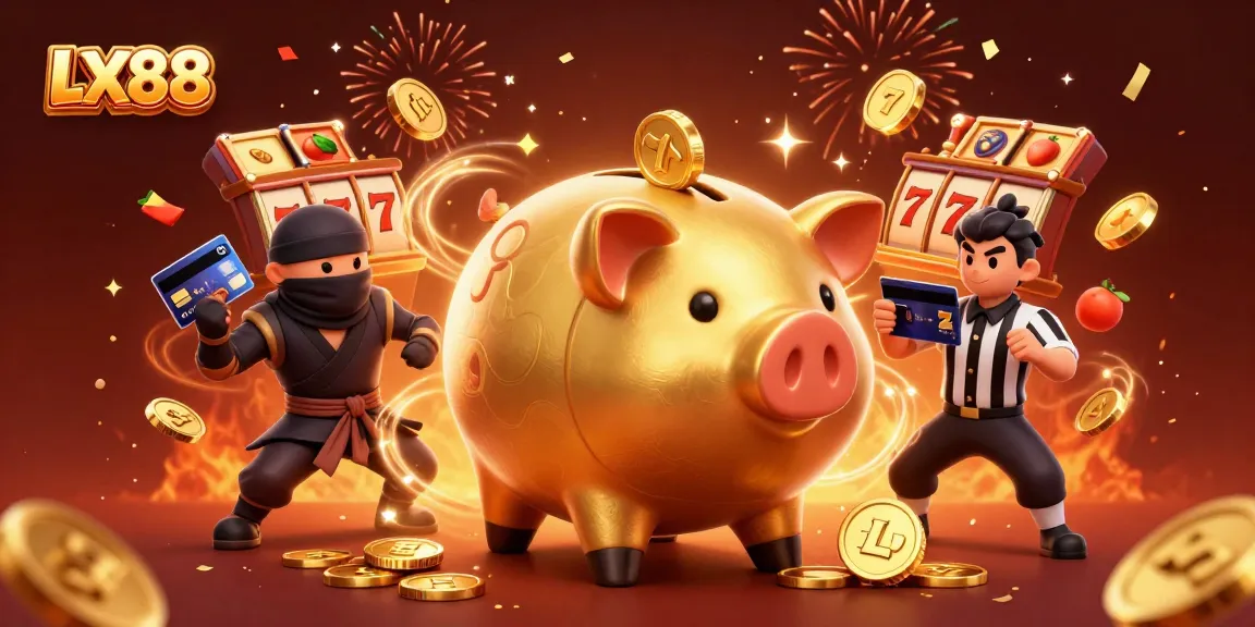 LX88's exciting scene featuring a golden piggy bank wrestler and vibrant casino elements bringing the thrill of online gaming alive.