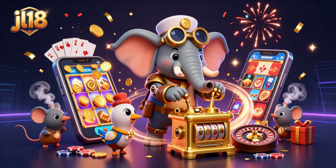 Spin the reels and win at jl18 with a lively steampunk casino scene filled with gaming elements.