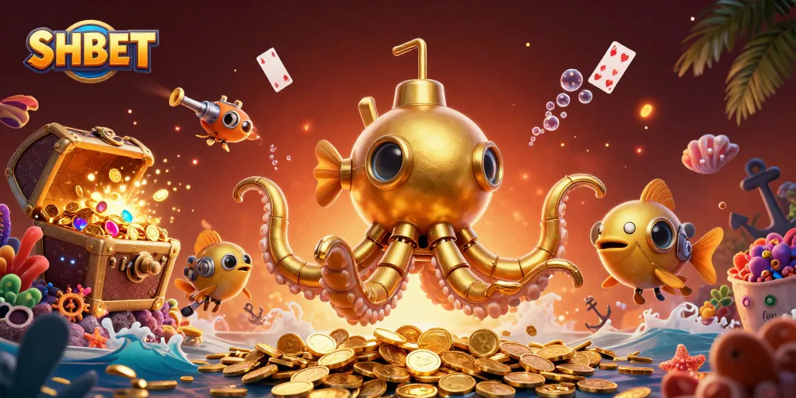 Engage with SHBET's thrilling games featuring a golden kraken submarine amidst treasures.