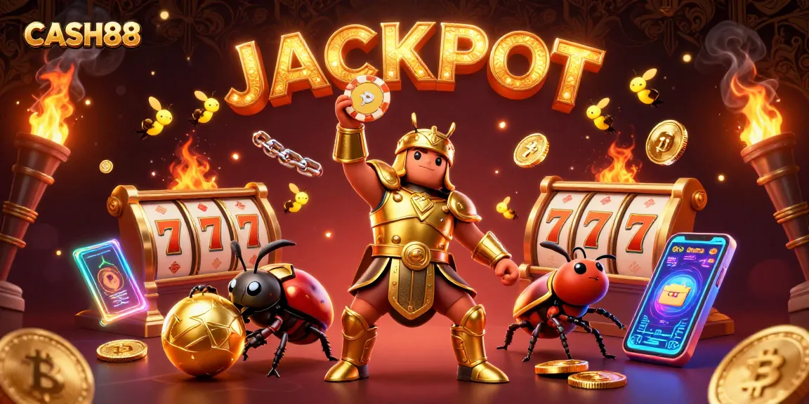 Experience excitement at CASH88 with a victorious beetle lifting a poker chip, surrounded by vibrant casino elements.