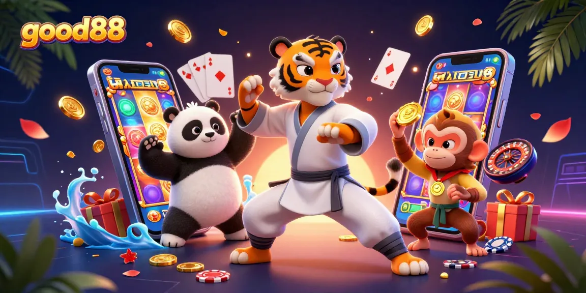 Immerse in the Good88 world as the kung fu tiger leads the action, stealing precious moments in a vibrant casino setting.