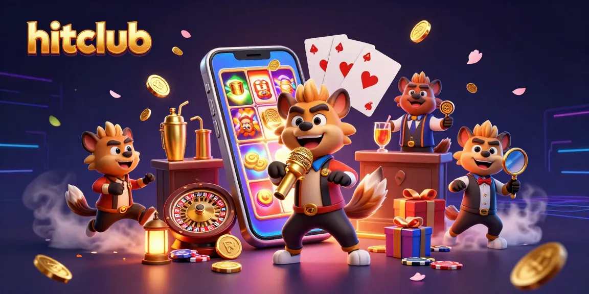 Engage with hitclub's vibrant 3D casino illustration showcasing hyenas in a lively comedy club atmosphere.