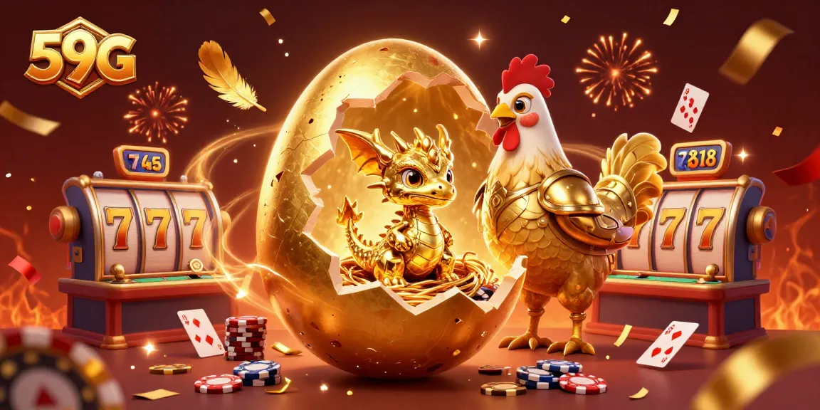 Engage with 59G's vibrant casino atmosphere featuring a golden baby dragon amidst poker chips and slot reels.