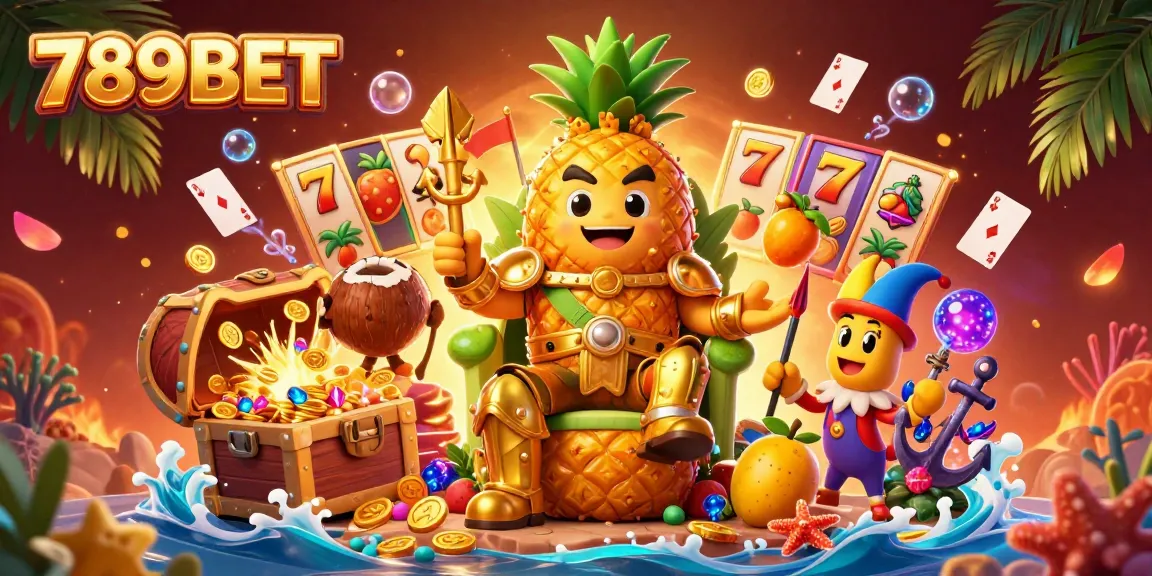Join the fun at 789BET with a thrilling casino adventure featuring a golden pineapple king and vibrant game elements.
