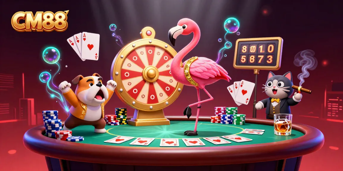 Engaging CM88 casino scene with a flamingo game show host, bulldog contestant, and cat assistant showcasing a lively prize atmosphere.