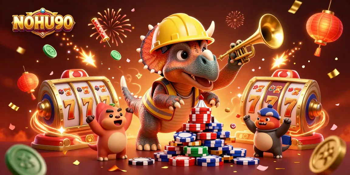 Celebrate wins with NOHU90: A vibrant 3D casino scene featuring a triceratops building poker chips.