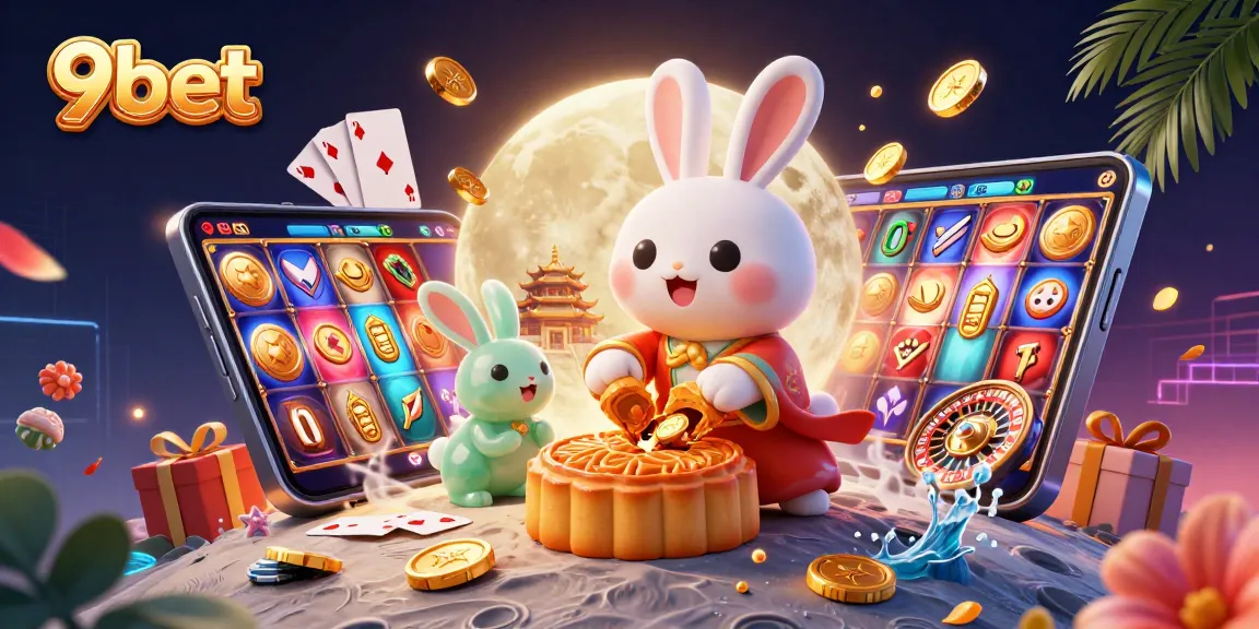 Experience the moonlit magic of 9bet with a whimsical lunar rabbit and casino elements.