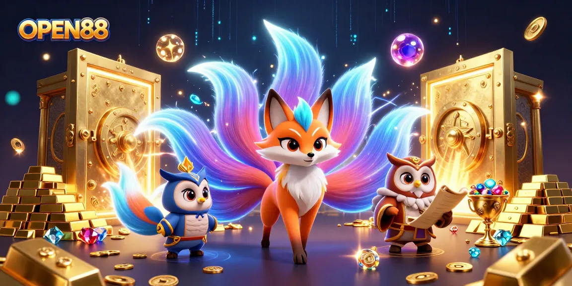 Engage with OPEN88, featuring a vibrant nine-tailed fox and gold treasures in a lively casino scene