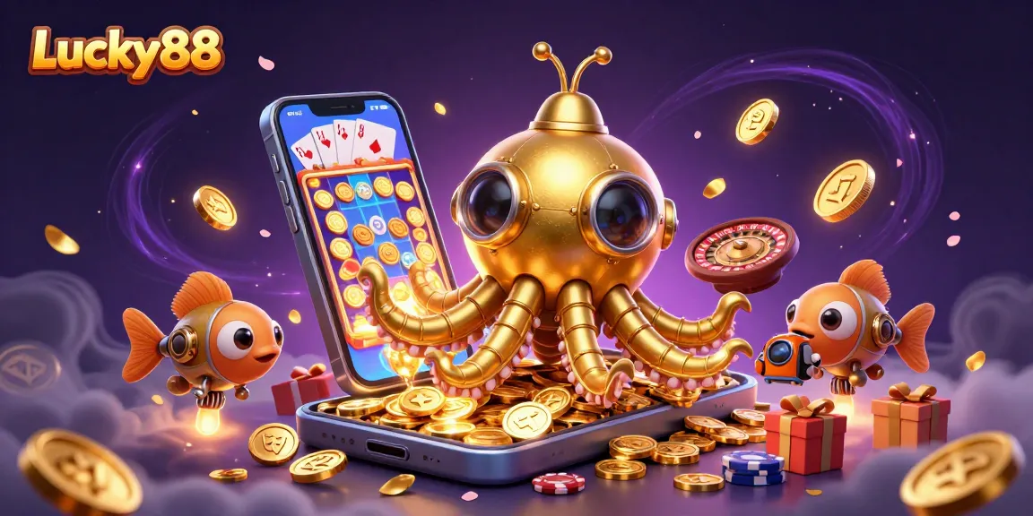 Experience the excitement of Lucky88 with a captivating underwater treasure scene showcasing slots and casino elements.