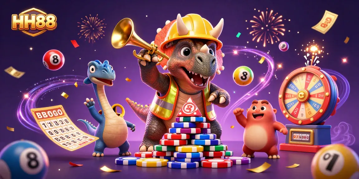 Engage with HH88's vibrant gaming atmosphere, featuring triceratops building poker chip pyramids.