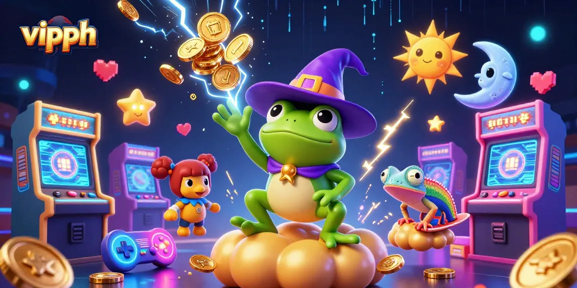 Experience thrilling gaming at vipph with a wizard frog, chameleon, and dynamic casino elements.