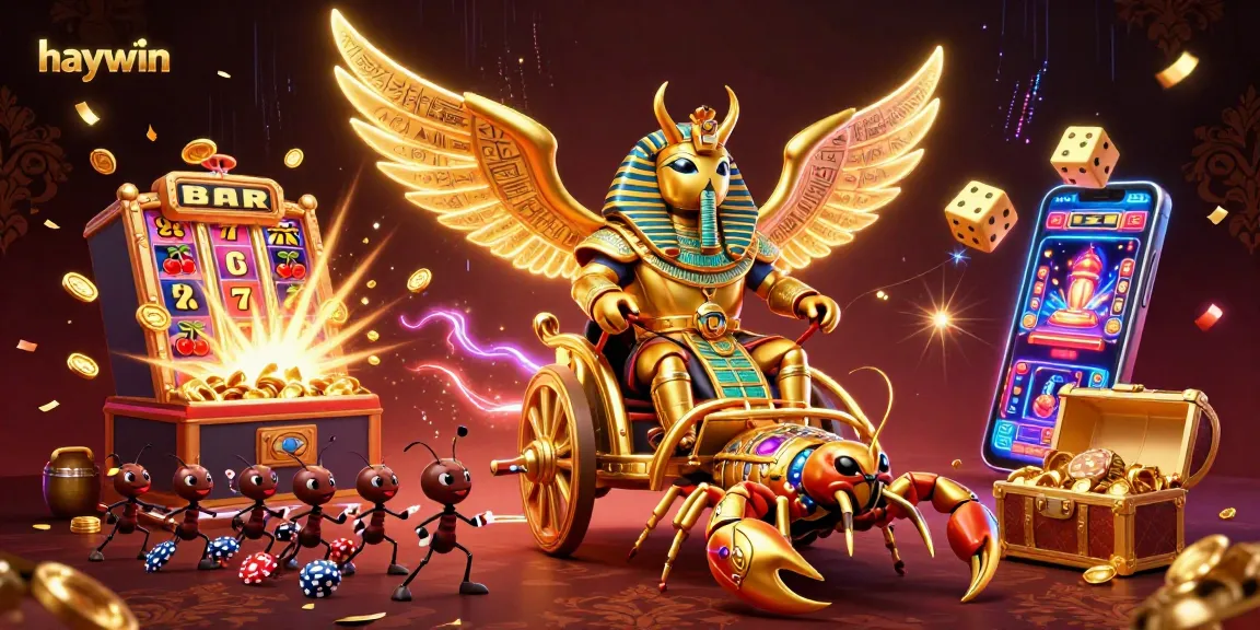 Experience the excitement of haywin with a lavish illustration of casino elements featuring a golden scarab and slot machines.