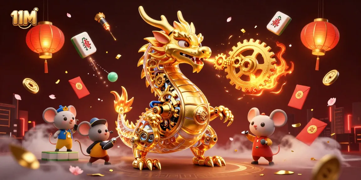 Engage with 11M's thrilling gaming experience, featuring a majestic dragon and vibrant casino elements.