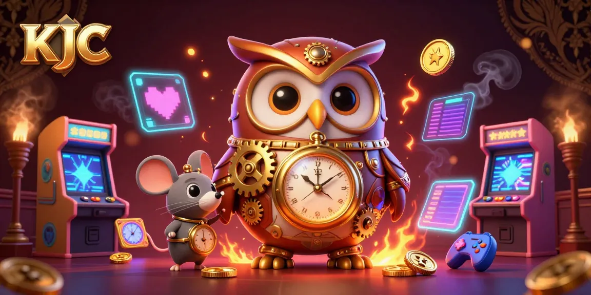 KJC showcases a vibrant 3D casino illustration with cartoon owl and game elements, highlighting interactive gaming