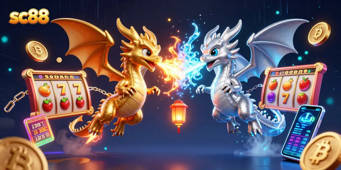 Enjoy the thrilling sc88 casino experience with golden and silver dragons amid vibrant gaming elements.