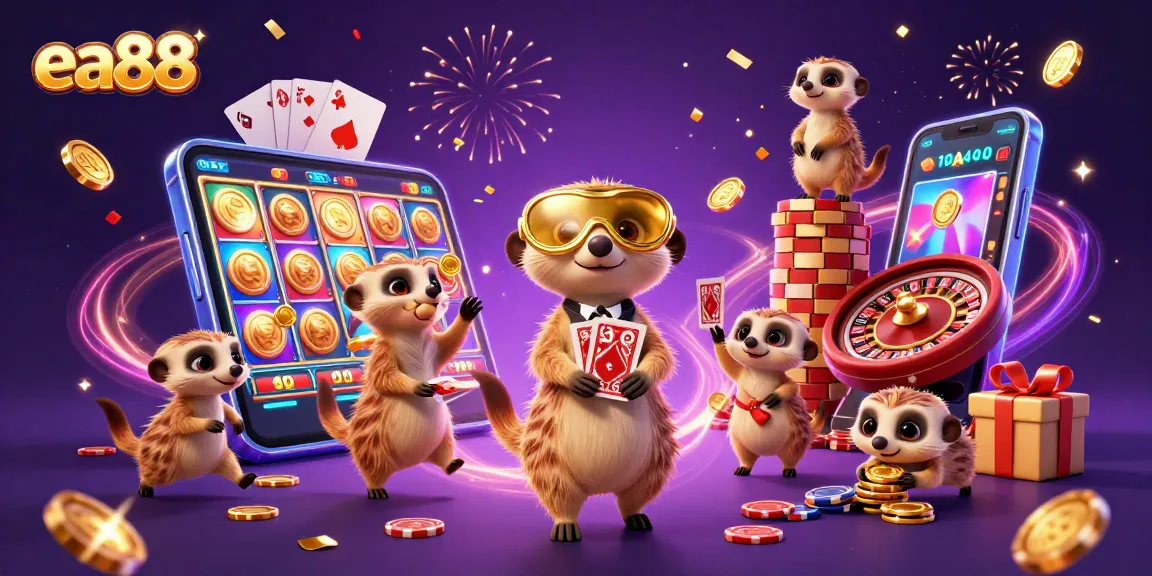 Experience the thrill of gaming at ea88 with a vibrant meerkat casino scene and animated slot features.
