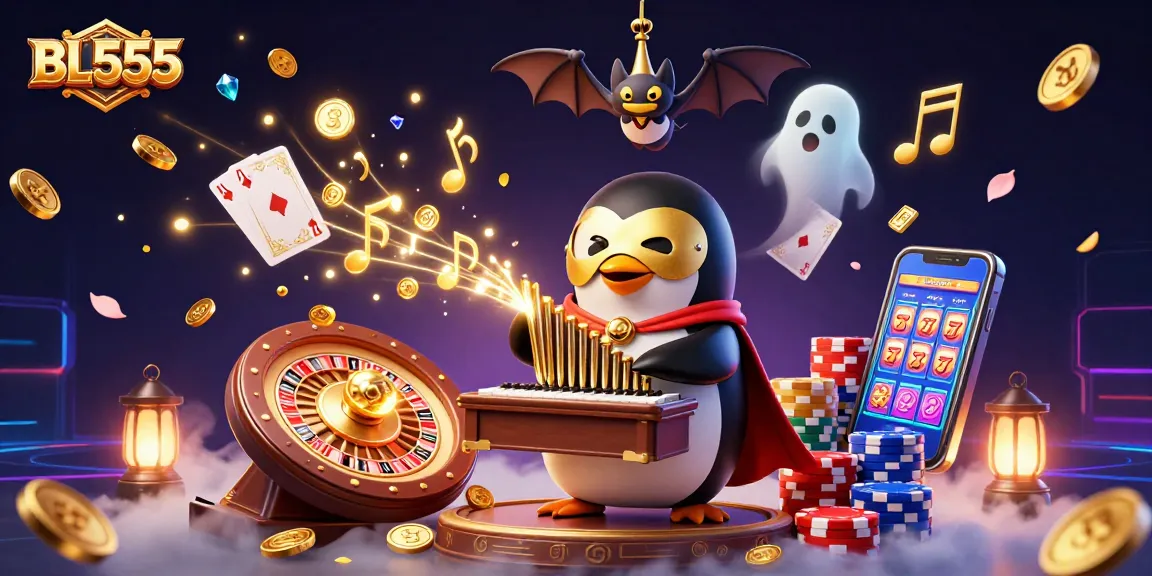 Engage with BL555's thrilling casino experience as a penguin plays the organ amidst golden coins and adventure.