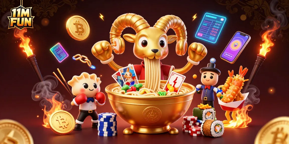 Engage in the fun of 11M FUN casino with dynamic characters and crypto elements in a vibrant scene.