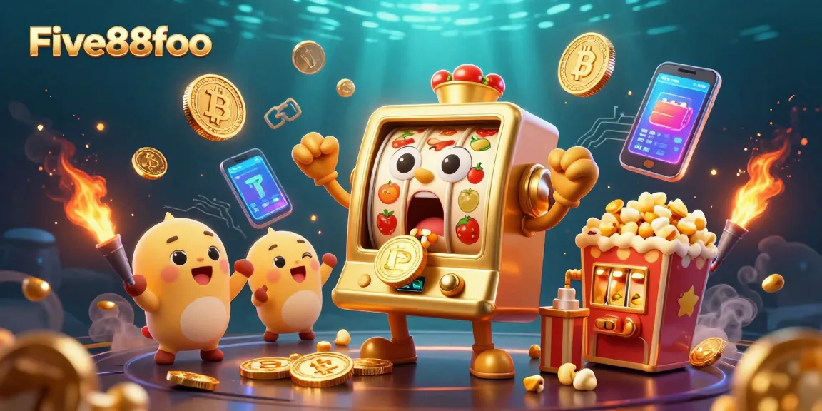 Experience the excitement of Five88foo with animated slot machines and crypto elements in this dynamic 3D illustration.