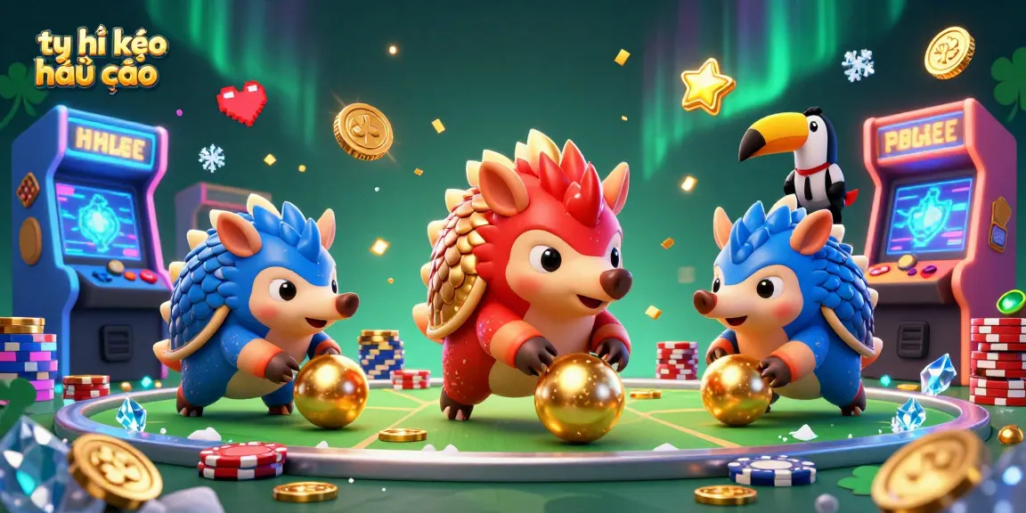 Exciting visual of tỷ lệ kèo nhà cái with rival pangolins battling in a colorful casino arcade.