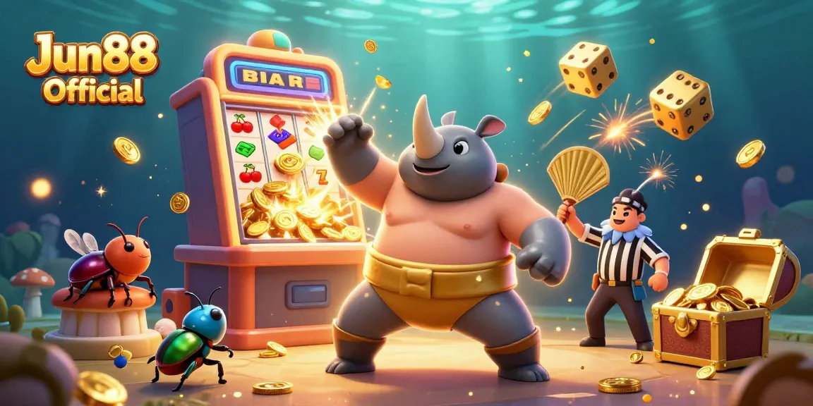 Experience thrilling gaming action with Jun88 Official, featuring a dynamic sumo beetle champion amidst exciting casino elements.