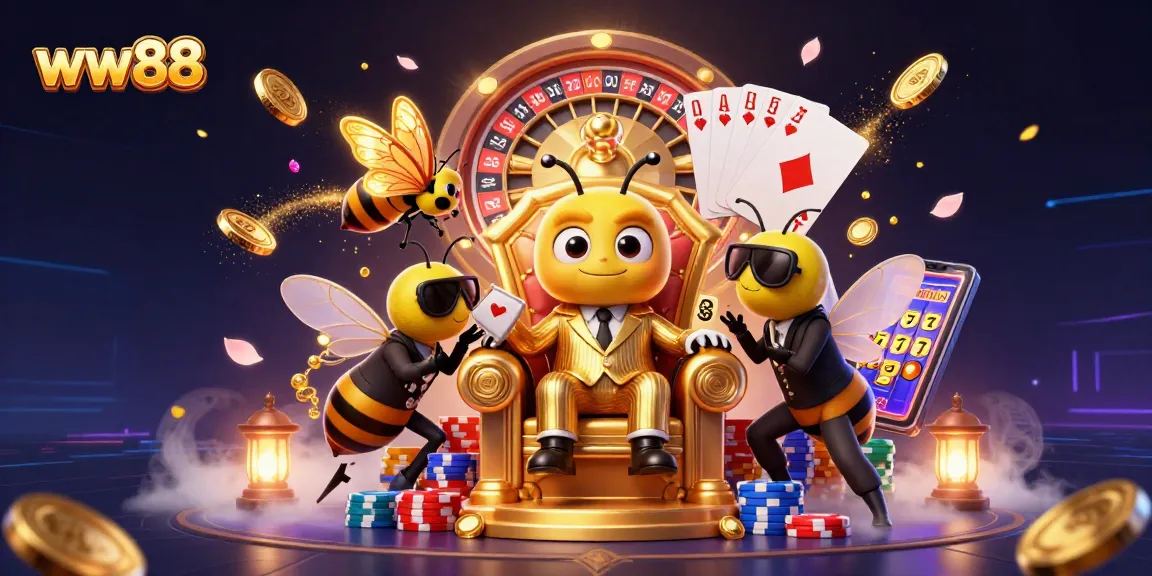 Spin and win at ww88 with an energetic scene of a vibrant casino atmosphere featuring fun characters and games.