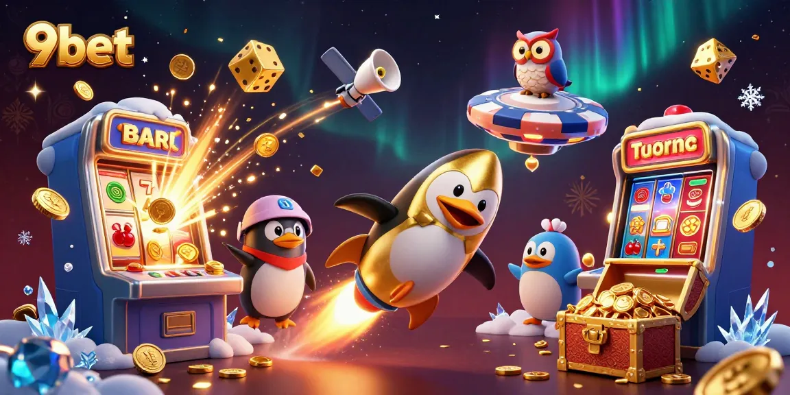 Engage with 9bet's exhilarating 3D illustration of a playful penguin racing towards a vibrant casino world filled with jackpots.