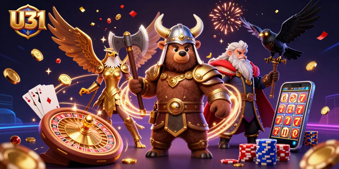 U31 Viking berserker and Valkyrie eagle celebrate casino wins amid cascading coins and vibrant gaming elements.