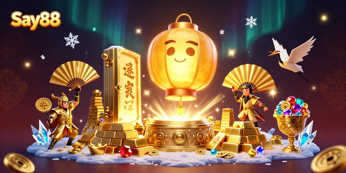 Experience Say88 excitement with a giant lantern spirit, treasures, and casino elements lighting up the scene.