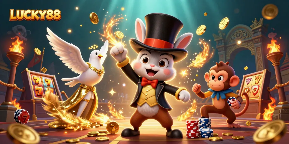 Experience the magic of LUCKY88 with a 3D illustration showcasing casino charm through vivid characters and game elements.