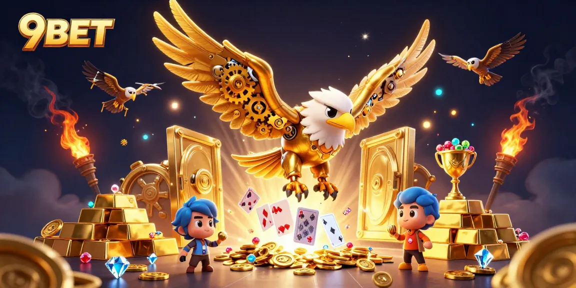 Experience the thrill of 9BET with a cybernetic eagle amidst treasures and holographic cards.