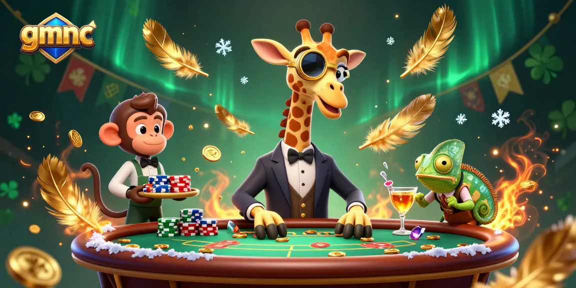 Experience gmnc with a lively scene of a high-roller giraffe at a poker table, showcasing vibrant gambling elements.