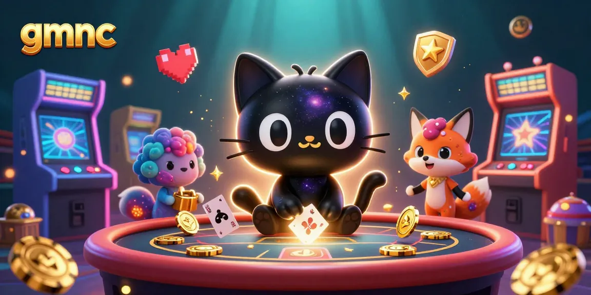 Play with gmnc as a cosmic black hole cat draws in golden chips at a vibrant casino.