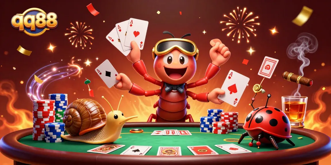 Engage in thrilling poker action at qq88 with a whimsical 3D casino dealer illustration.