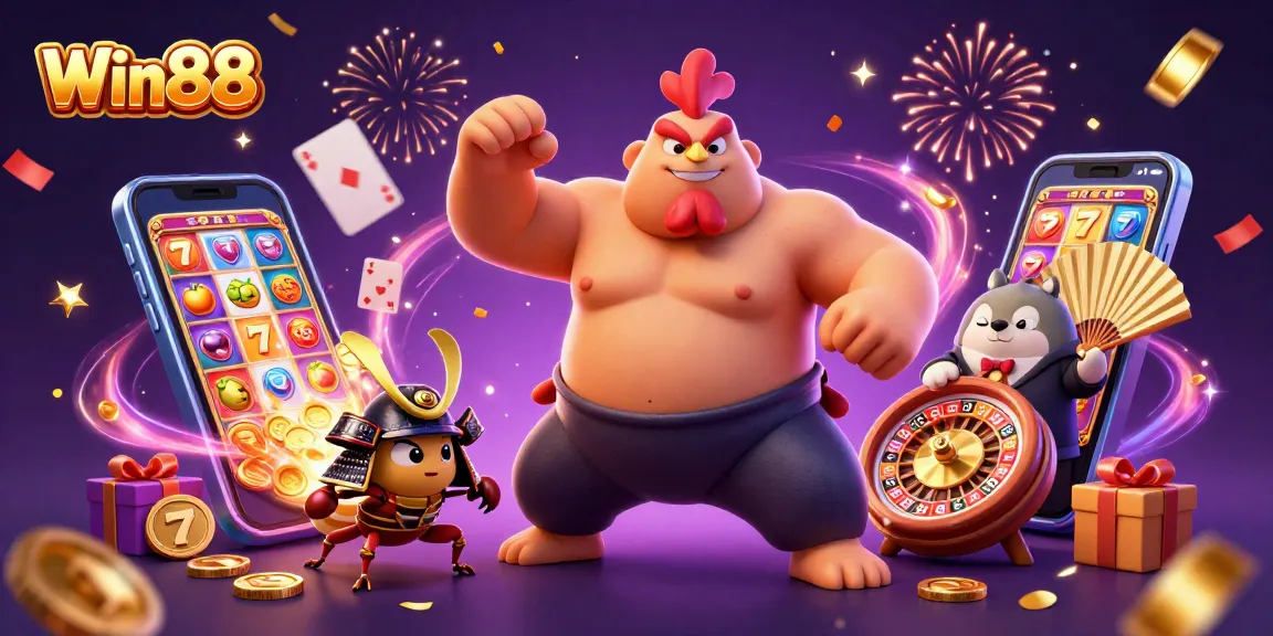 Win88 showcases a powerful sumo rooster stomping amidst a dynamic casino scene.