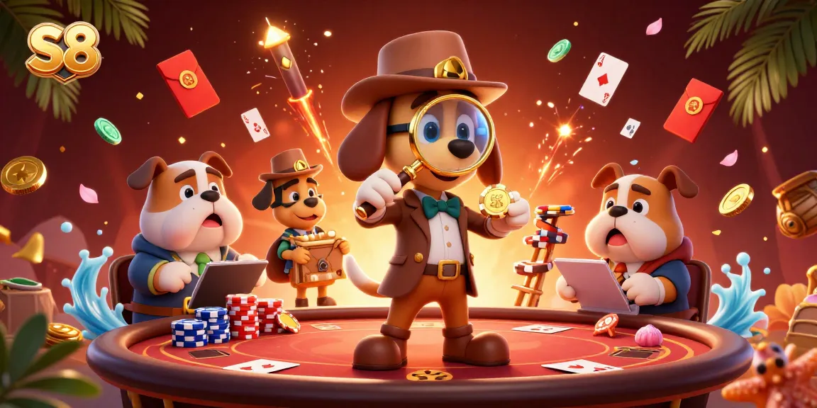 S8 reveals thrilling action in a packed casino scene with a detective examining poker clues.