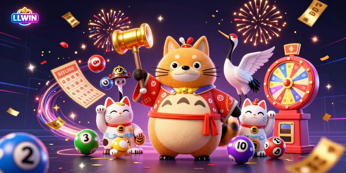 Experience exciting gaming with LLWIN's vibrant 3D illustration featuring a cheerful tanuki and lucky cats.