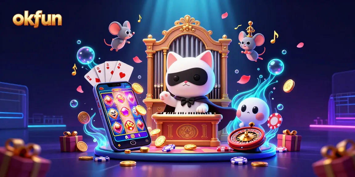 Spin the reels with okfun in a vibrant casino scene featuring unique characters and exciting game elements.