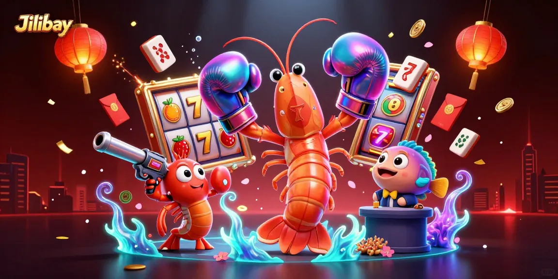 Jilibay presents a dynamic scene with vibrant casino elements and cartoon characters celebrating big wins.