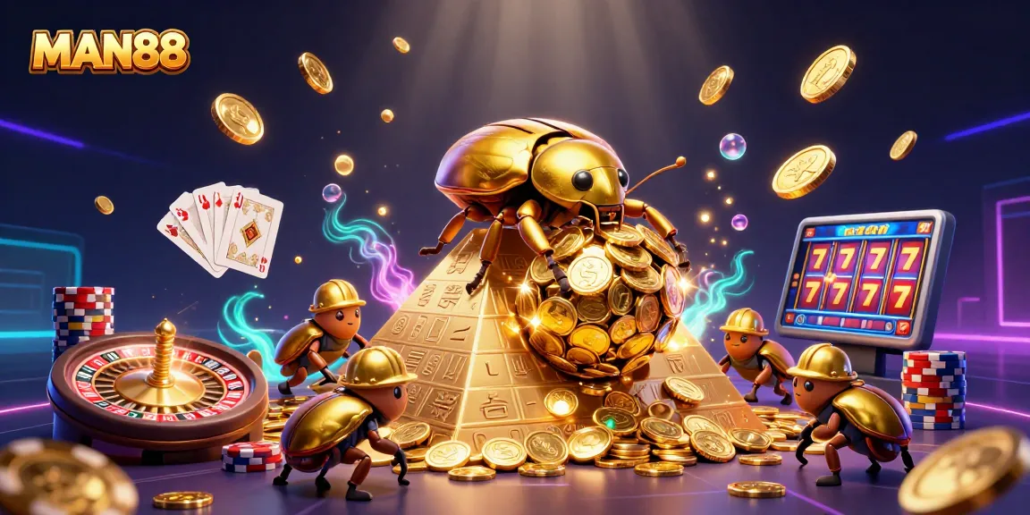 Engage with MAN88's luxurious casino experience as golden coins cascade amid vibrant symbols.