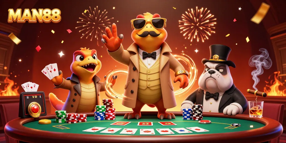 Join the exciting gaming world of MAN88 with raptors and poker elements enhancing the fun!