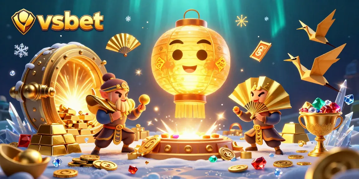 Experience excitement at vsbet with a golden lantern spirit surrounded by treasures and casino action.
