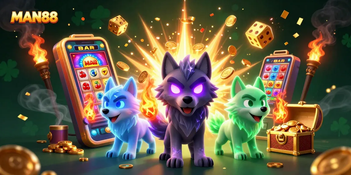 Experience thrilling gaming excitement at MAN88 with dazzling slot machines and captivating ghostly wolves.