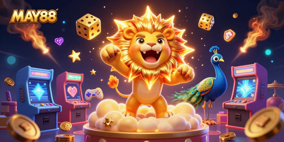 MAY88 showcases exciting casino games with vibrant illustrations featuring a dynamic sun lion and golden dice.