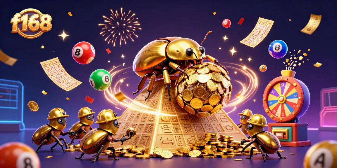 Experience the thrill of f168 as a golden beetle rolls winnings in a vibrant casino-themed illustration.