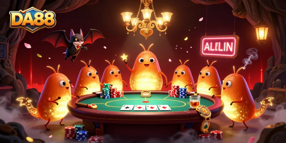 Engaging DA88 casino scene with glowworms, bat dealer, poker table, and vibrant ambiance.