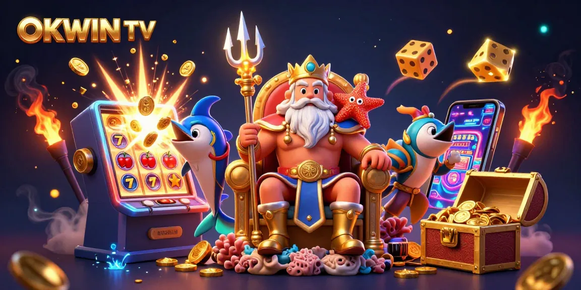 Experience the excitement of OKWIN TV with this dynamic casino illustration showcasing lucky symbols and vibrant characters.