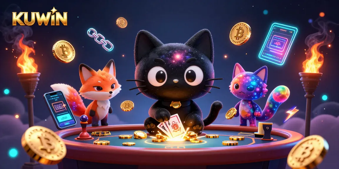 KUWIN spins golden chips in a cosmic casino with a black hole cat and nebula fox.
