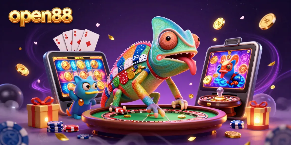 Engage with open88's vibrant gaming world, featuring a colorful chameleon casino owner amidst dynamic slots and gaming elements.