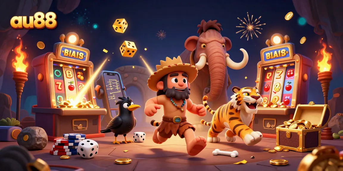 Experience excitement at au88 with lively caveman and sabertooth tiger duo in a dynamic gambling scene.